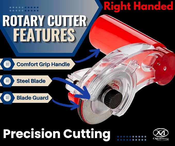 Martelli - Right Handed 60mm Ergonomic Fabric Rotary Cutter for safe pain free fabric cutting - sewing, quilting, fashion design notions & supplies good for arthritis carpal tunnel wrist pain