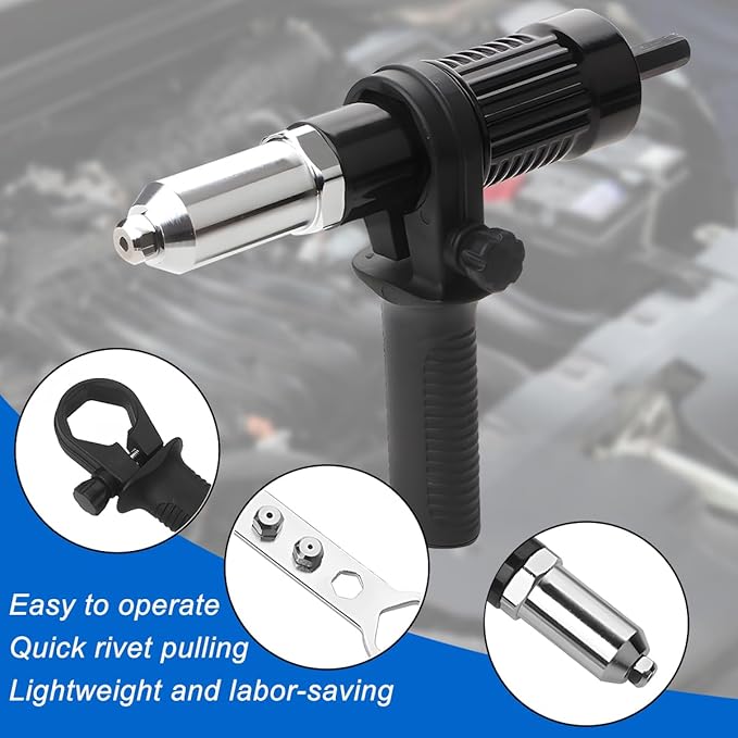 Bittwee Car Pop Rivet Gun Adapter Kit, Cordless Electric Power Riveting Drill Attachment with 4 Rivet Head, Automotive Cordless Riveting Drill Insert Nut Adaptor Tool, Universal for Vehicles
