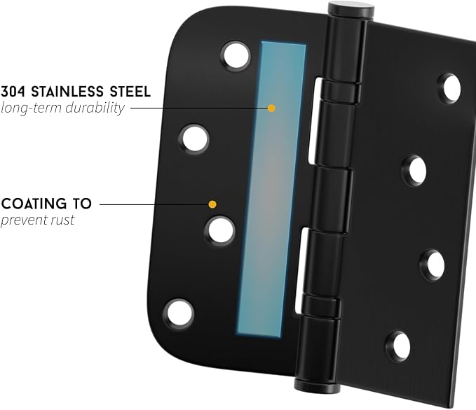 goldenwarm 6 Pack 4'' Matte Black Door Hinges – Ball Bearing 304 Stainless Steel Hinges for Exterior Doors, Square & Round Corners