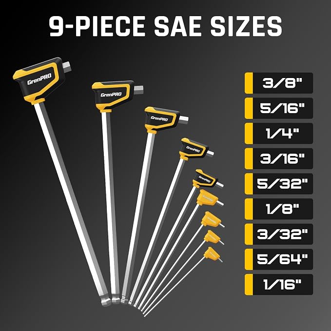 GRENPRO 18PC T-Handle Ball End Allen Wrenches Sets Metric &SAE Box Hex Key | Long Allen Key Set With Storage Rack For Garage & Household DIY & Bike Repair Multifunctional Tools,Cr-V Steel