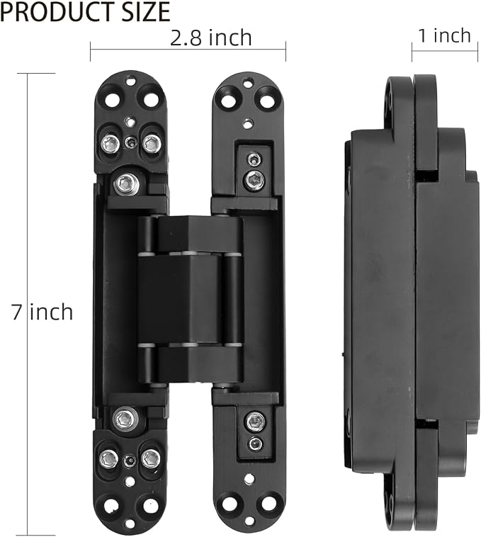 4-Pack 7 inch Black Hidden Door Hinges, Heavy Duty Zinc Alloy Concealed Hinges, Invisible 180 Degree Swing Hinge, 3 Way Adjustable Butt Hinge