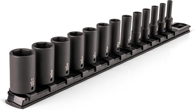 TEKTON 1/4 Inch Drive Impact Socket Set, 13-Piece | SID90109 | (5/32 - 11/16 in.), Semi-Deep, 6-Point, Socket Rail