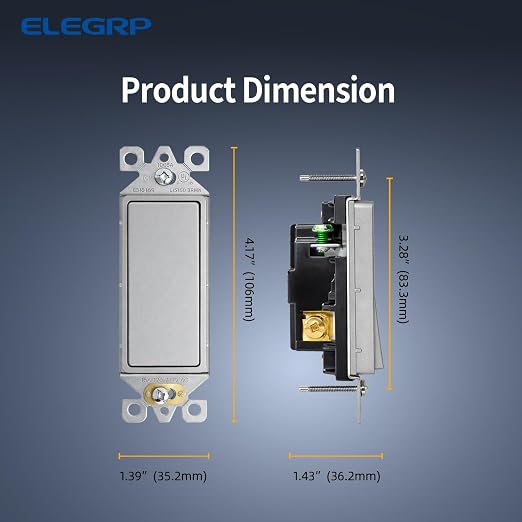ELEGRP Matte Gray 3 Way Decorator Light Switch, 15A 120-277V, Paddle Rocker Switch Replacement, On/Off Wall Switch, Self-Grounding, Residential Grade, UL/CUL, 5 Pack