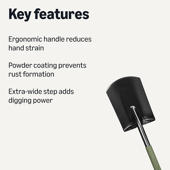 Amazon Basics Gardening Shovel for Digging and Edging, Flat Spade, D-Handle, 47 Inch, Black/Olive