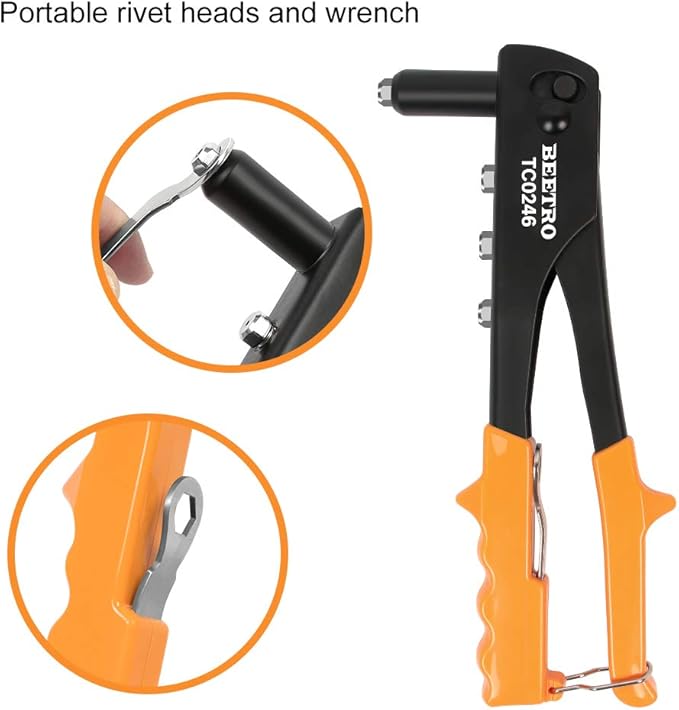 BEETRO Heavy Duty Hand Riveter, Rivet Gun, 3/32"-1/8"-5/32"-3/16", 4 Nosepieces Set Includes 100pcs Rivets, Durable and Suitable for Metal, Plastic and Leather