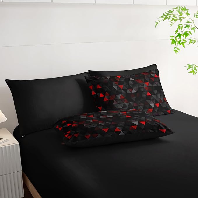 Nttopship Geometric Red Black Triangle King Size Comforter Set,Light Honeycomb Bedding Set 7 Piece in A Bag,Bed Sheet Set Geometry Decor,Microfiber Lightweight All Season