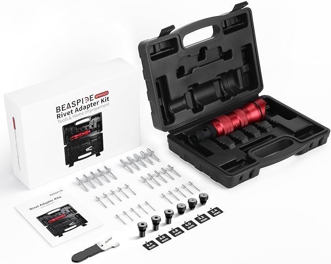 Beaspire Cordless Rivet Gun Adapter - Electric Rivet Drill Adapter Kit 2.4mm-6.4mm, Rivet Gun Kit with 6 Interchangeable Rivet Heads and 30 Blind Rivets, Easy processing for Pop Rivets
