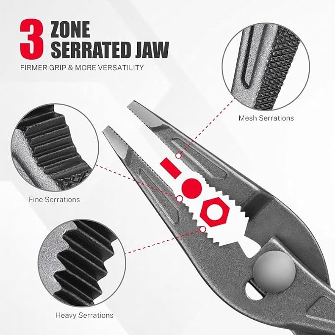 8" Long Nose Slip Joint Pliers, 3-Zone Serrated Jaw, CR-V Steel | 3-Zone Serrated Widened Jaw Grip; Adjustable Slip Joint Multi-Position; Drop-Forged Heat-Treated CR-V Steel