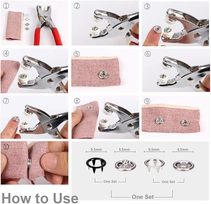 EuTengHao 804Pcs Snap Fasteners Tool Kit Hollow and Solid Metal Prong Snaps Buttons with Setting Tool for Clothing Crafting Sewing,Leather Snaps Buttons for Jeans Wears Bags(200 Sets,10 Colors,9,5mm)