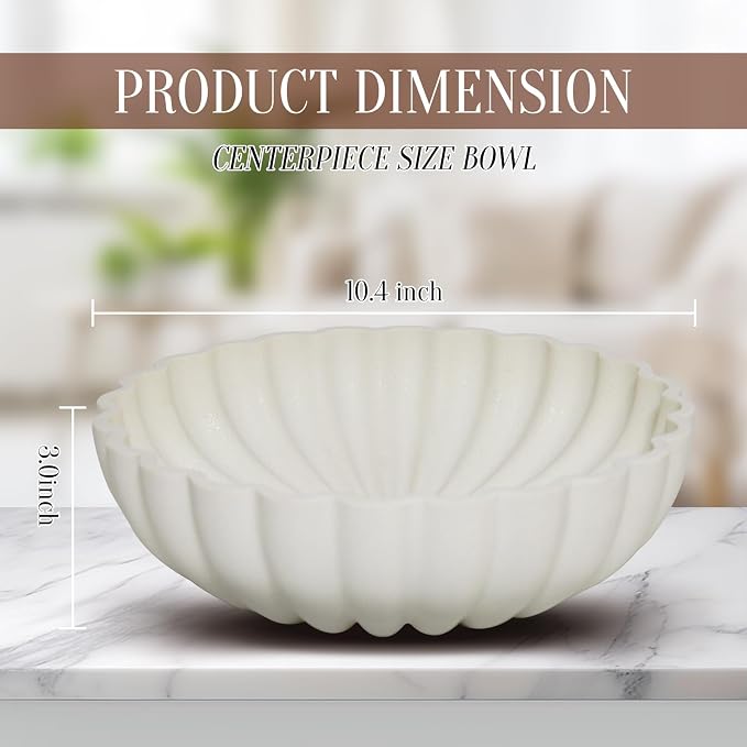 L'ARL GMVOI Large Decorative Bowl - Modern Handicraft Bowls for Home Decor - Fruit Bowl for Kitchen Counter - Key Bowl for Entryway Table - Ruffle Centerpiece Bowl Decor,Artificial Stone White