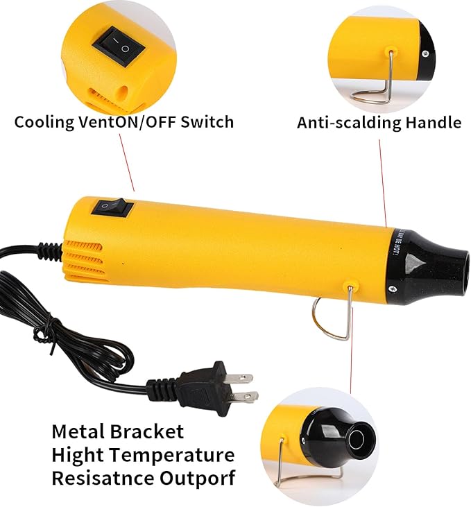 Heat Gun for Crafting, 110V 300W Handed Hot Air Gun, 3.28FT Ultra-Long Cable Portable Heat Gun with Stand and Power Cord for Shrinking Wrapping PVC, DIY Embossing and Drying Paint (Yellow)