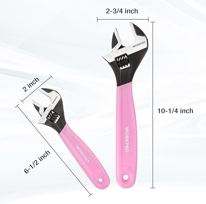 WORKPRO 2 PCS Pink Adjustable Wrench Set, 6-Inch & 10-Inch Wrenches, Wide Jaw Black Oxide Wrench, Metric & SAE Scales, Cr-V Steel, for Home, Garage, Workshop-Pink Ribbon