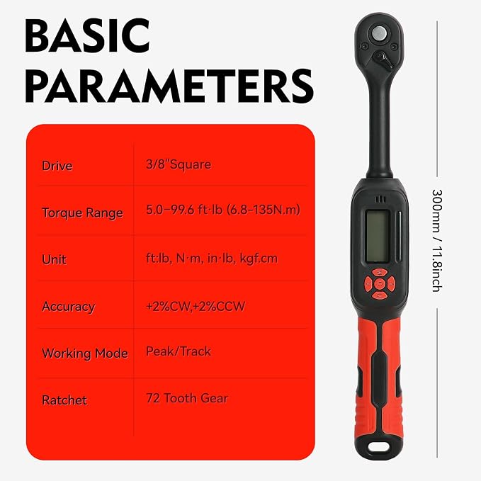 3/8" Digital Torque Wrench 2-45 Ft.lb (±2%), 9PCS Small Digital Torque Wrench,Electronic Torque Tool with Sockets & Adapters for Automotive, Bike,