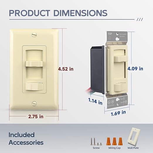 ECOELER Slide Dimmer Switch, Single-Pole/3 Way, Full Range Dimming for 300W Dimmable LED/CFL Lights and 600W Incandescent/Halogen, Wall Plate Included, ETL Listed, Ivory, 2 Pack