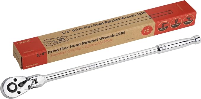 1/4-Inch Drive Ratchet Flex Head Ratchet 12"/305mm | 1/4 Long Handle, 72 Tooth Quick Release Swivel Head Ratchet Cr-Mo Head Socket Wrench Flexible Ratchet Handle -