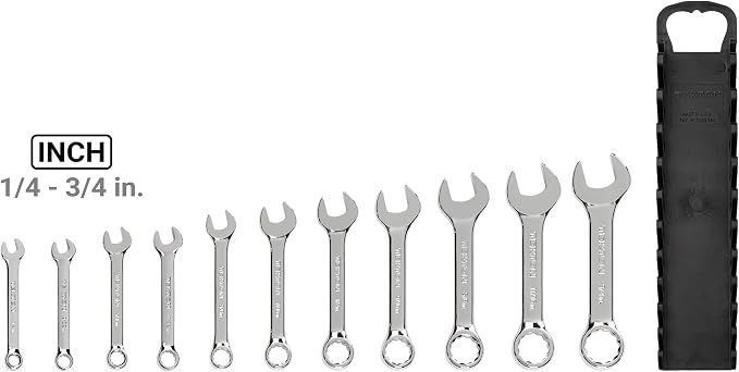 TEKTON Stubby Combination Wrench Set, 11-Piece | WCB92401 | (1/4 - 3/4 in.), Wrench Holder, Chrome Finish
