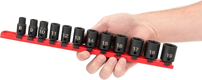 TEKTON 3/8 Inch Drive Impact Socket Set, 12-Piece | SID91102 | (8 - 19 mm), Shallow, 6-Point, Socket Rail
