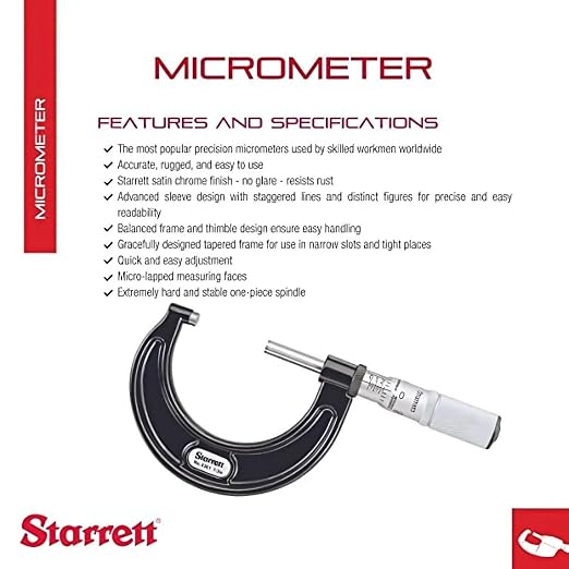 Starrett Outside Micrometer with SLC, Rachet Thimble, Carbide Anvil-SLC - 2-3" Range, .0001" Graduations - T436.1XRL-3 W/SLC