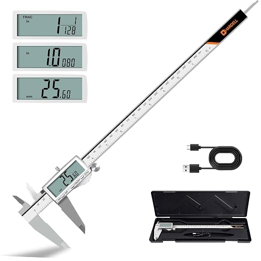 HARDELL Digital Caliper 12"/300mm, Rechargeable Stainless Steel Micrometer, Large LCD Inch/MM/Fraction, Auto-Off, Electronic Measuring Tool for Machinist Woodworking 3D Printing DIY Household