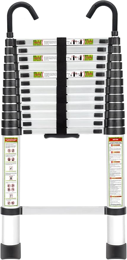 RIKADE Telescopic Ladder, 12.5 ft Aluminum Telescoping Ladder with Non-Slip Feet and Stable Hook, Portable Extension Ladder for Household and Outdoor Working, Max Load 330 lb, Aluminum
