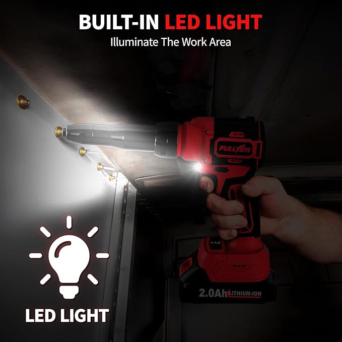 FULLYEA Electric Rivet Gun, Cordless Rivet Gun with 2 Pack Batteries and Fast Charger, Brushless Motor Rivet Gun Tool, Led Light, Automatic Power Rivet Gun Kit for 3 Size (1/8", 5/32", 3/16") Rivets