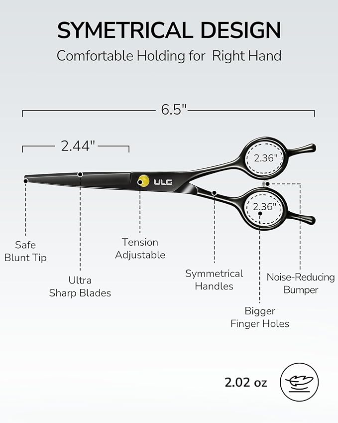 ULG Professional Hair Cutting Scissors 6.5 Inch – Sharp Barber Shears, Stainless Steel Symmetrical Salon Haircut Scissors for Women, Men, Kids, Gloss Paint Finish, Black
