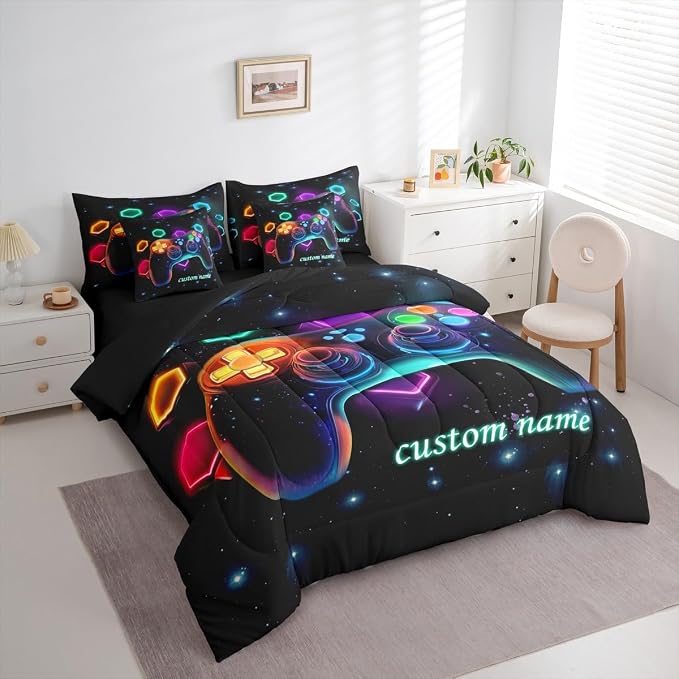 Customized Game Consoles Boys Full Size Bedding Set Bed in a Bag 7 Piece Gamer Gifts,Personalized Gaming Comforter Sets for Boys Space Glow Geometric Kids Comforter Sets Boy,Gaming Room Decor