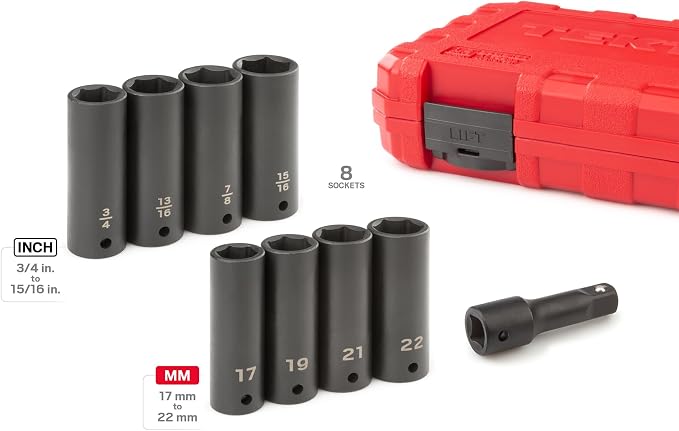 TEKTON 1/2 Inch Drive Impact Lug Nut Socket Set, 9-Piece | SID92415 | (3/4 - 15/16 in., 17 - 22 mm), Deep, 6-Point, Case