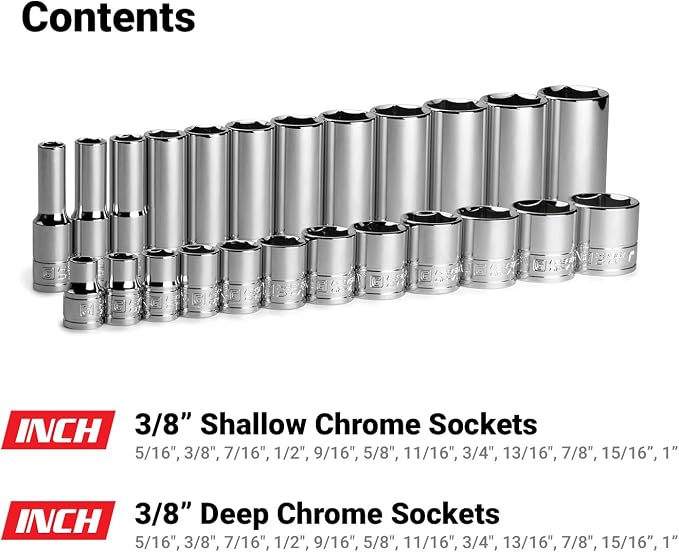 Capri Tools 3/8 in. Drive Shallow and Deep Chrome Socket Set, 6-Point, 5/16 to 1 in., 24-Piece with Billet Aluminum Socket Rail