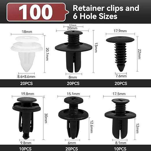 100Pcs Auto Body Panel Fasteners & Push Pin Rivets - 6 Sizes Bumper Fender Flare Retainer Clips. Plastic Expansion Screws Replacement for GM Ford Toyota Honda (100Pcs)