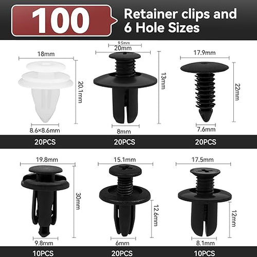 100Pcs Auto Body Panel Fasteners & Push Pin Rivets - 6 Sizes Bumper Fender Flare Retainer Clips. Plastic Expansion Screws Replacement for GM Ford Toyota Honda (100Pcs)