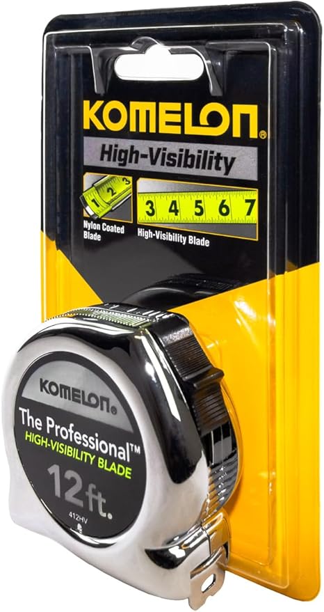 Komelon 412HV High-Visibility Professional Tape Measure, 12-Feet by 5/8-Inch, Chrome, Yellow, 12ft - Blade
