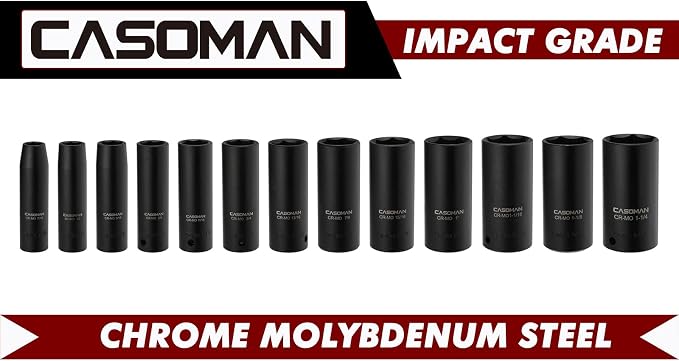 CASOMAN 1/2-Inch Drive Deep Impact Socket Set, 13 Pieces Set, 7/16"-1-1/4", CR-MO, SAE, Heavy Duty Storage Case