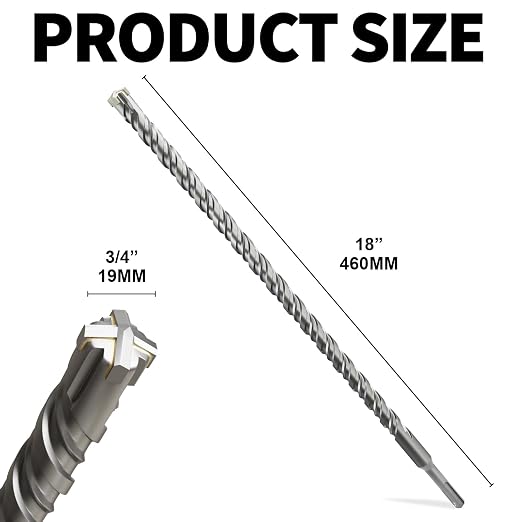 SDS Plus Rotary Hammer Drill Bits, (3/4"*18"-19mm*460mm) - 4 Carbide Cutting Edges, Ideal for Masonry| Heavy-Duty Masonry |Hammer Drill Bits for Precision Drilling