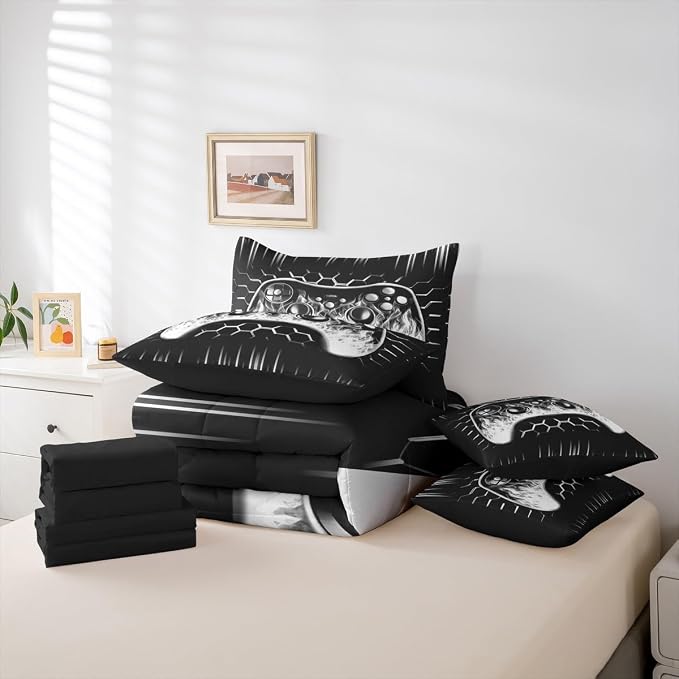 Erosebridal Boys Gaming Comforter Set 7 Piece Bed in a Bag Twin Ombre Art Honeycomb Bedding Set Grey Neon Lights Sheet Set Game Console Bed Set Geometric Hexagon Beehive Gaming Room Decor