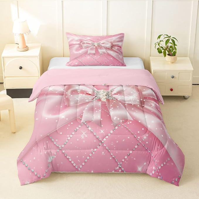 Feelyou Pink Bowknot Comforter Set Twin Size Glitter Bow Bedding Set for Kids Boys Girls Dreamy Princess Duvet Quilt Bedroom Decor Microfiber 2 Pcs with 1 Pillow Cases