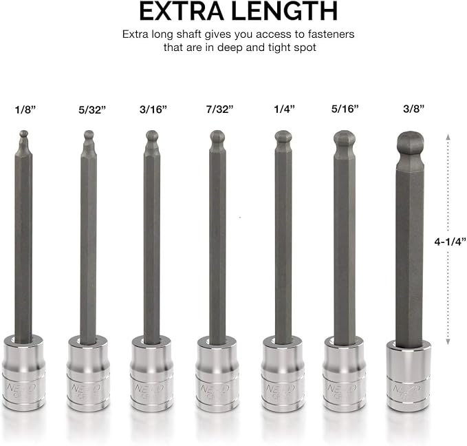 Neiko 10072A 3/8-Inch Drive Extra Long Allen Hex Bit Socket Set, SAE, 1/8-Inch - 3/8-Inch | S2 and Cr-V Steel, 7-Piece Set