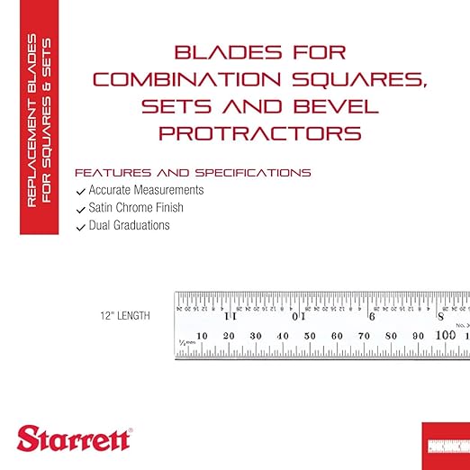 Starrett Blade Only for Combination Squares, Sets and Bevel Protractors - Ideal for Woodworking and Metalworking - 300mm Length, Satin Chrome Finish, 36 Graduation - CB300-36