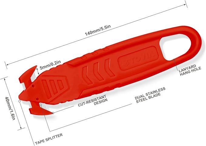 T TOVIA Safety Box Cutter Knife of Recessed Concealed Stainless Steel Blade, Package Opener Plastic Cutter for Box, Carton, Shrink Wrap, Plastic Straps,10pcs RED