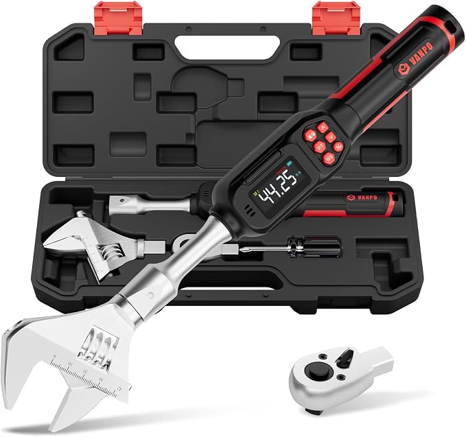 VANPO Adjustable HVAC Digital Torque Wrench, 2.2-44.3 Ft.lb/3-60Nm | 42mm Jaw & 1/2" Ratchet, 9×12mm Open End, ±2% Accuracy, Buzzer, Vibration, LED Indicator for Split AC, Motorcycle, Plumbing