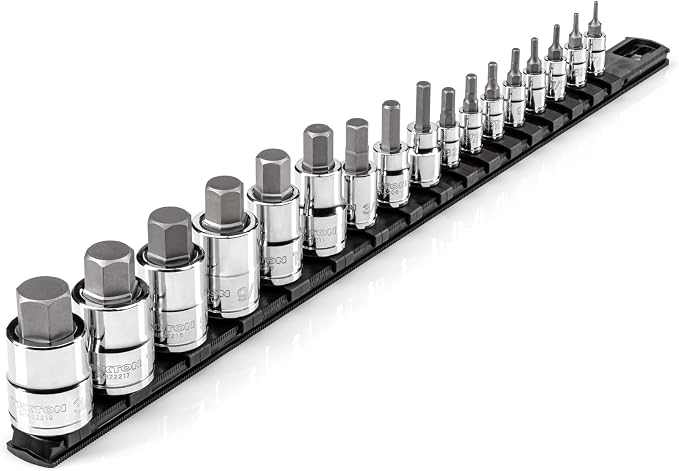 TEKTON Hex Bit Socket Set, 17-Piece | SHB99101 | 1/4, 3/8, 1/2 Inch Drive, (5/64 - 3/4 in.), Socket Rail