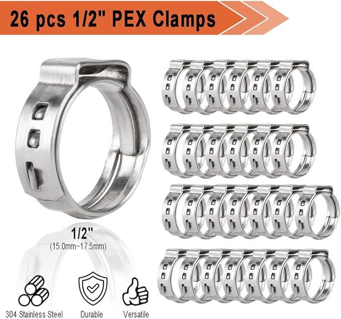 TTFLEX PEX Clamp Tool Kit with 26 PCS 1/2" Cinch Clamp Rings, PEX Crimping Tool Kit with 12 PCS 1/2" Brass Tee Elbow Coupling Pipe Fittings