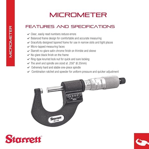 Starrett Digital Micrometer with One-Piece Spindle, Satin Chrome Finish and Tapered Frame - Quick and Easy Adjustment, 0-1" Range, .0001" Graduation - T216XRL-1