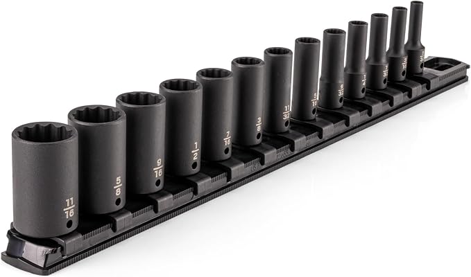 TEKTON 1/4 Inch Drive Impact Socket Set, 13-Piece | SID90111 | (5/32 - 11/16 in.), Semi-Deep, 12-Point, Socket Rail