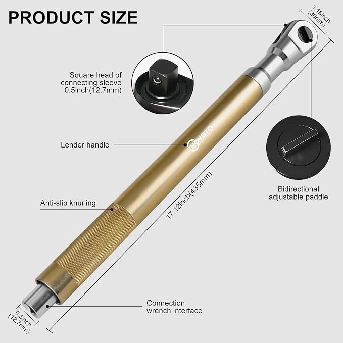 Gold 1/2" Offset Extension Wrench, 120Nm Impact Ratchet, 430mm | Premium gold finish & 42T precision gear for smooth operation. Specifically designed for narrow auto repair working spaces.