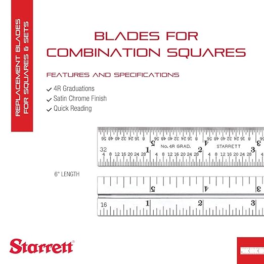 Starrett Blade Only for Combination Squares, Sets or Bevel Protractors - Ideal for Woodworking and Metalworking - 6" Length, Satin Chrome Finish, 4R Graduation - CB6-4R