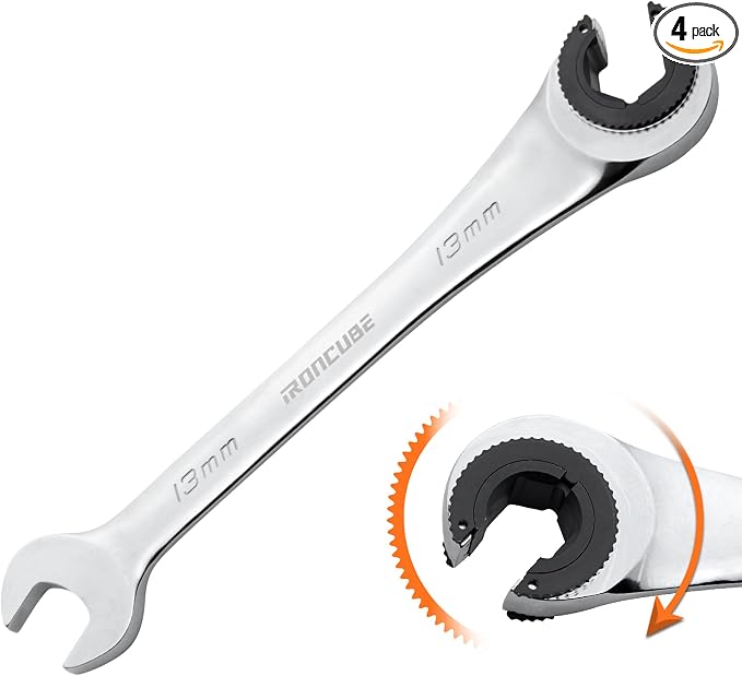 ironcube 13mm Brake Line Wrench Set: Metric Ratcheting Open-end for Nuts on Fuel, Brake or Air Conditioning Lines