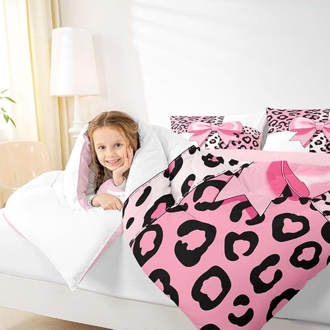 Feelyou Leopard Print Comforter Set Full Size Leopard Bow Bedding Set for Kids Boys Girls Animal Fur Duvet Quilt Bedroom Decor Microfiber 3 Pcs with 2 Pillow Cases