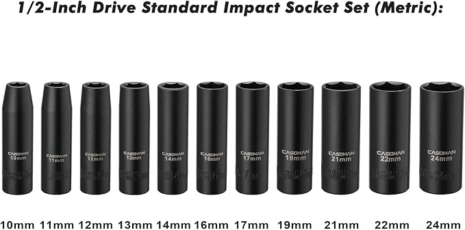 CASOMAN 11 Pieces 1/2-Inch Drive Deep Impact Socket Set, 6-Point, Metric, 10mm to 24mm