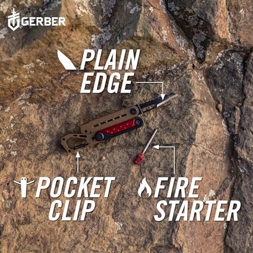Gerber Gear Stakeout Spark - Multi-Tool Folding Knife for Backpacking, Survival, Camping, Outdoor - Pocket Tool w/Bottle Opener, Tent Stake Puller, Scissors, Tweezers - Coyote Brown